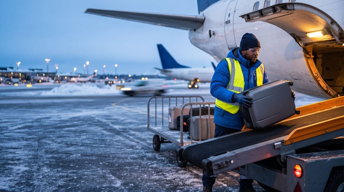 Ramp agent unloading a suitcase from an aircraft hold onto a belt loader
