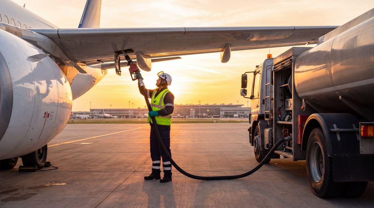 Fueling an aircraft from a tanker at sunset