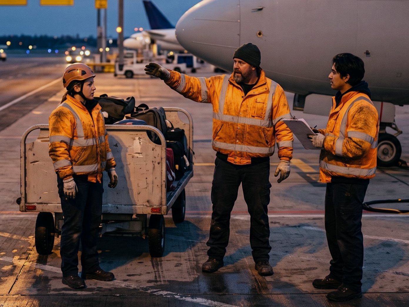 Ramp crew reviewing the plan beside an aircraft at dusk