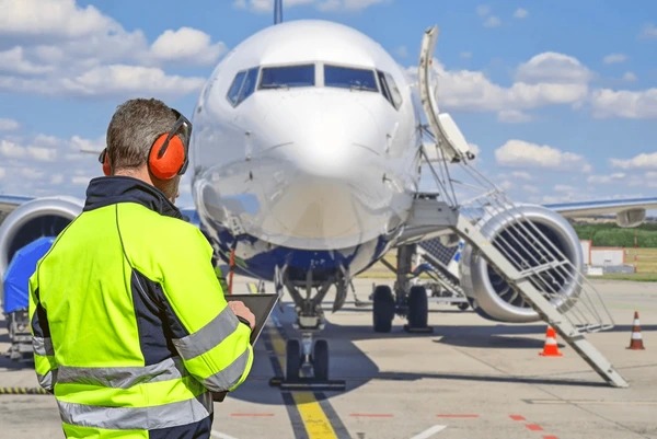 Ground crew member with ear defenders and a tablet checking an aircraft on the apron