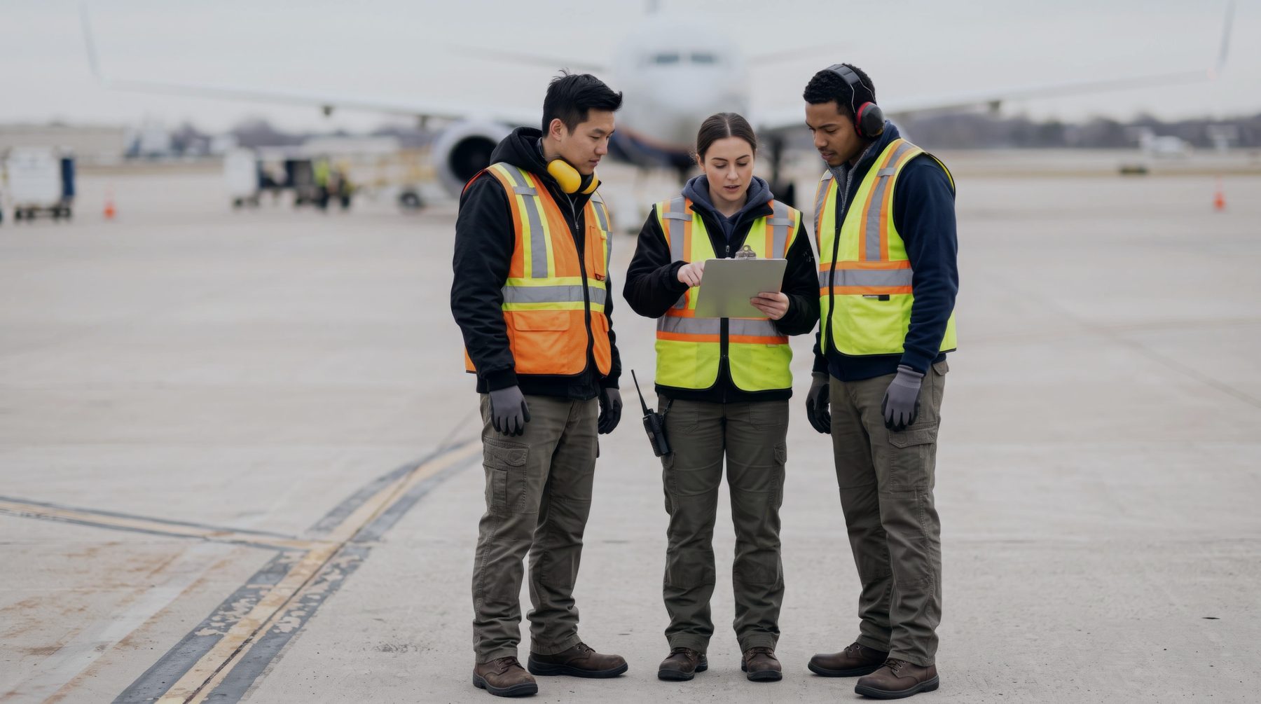 Three ramp crew members reviewing a task on a tablet beside an aircraft